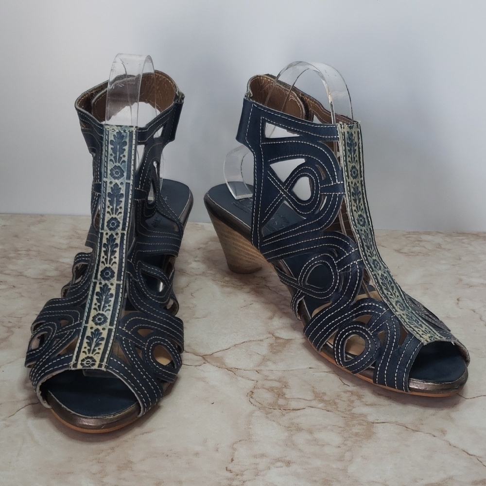 Women’s Navy Cutout Sandal Heels with Embroidered Accent